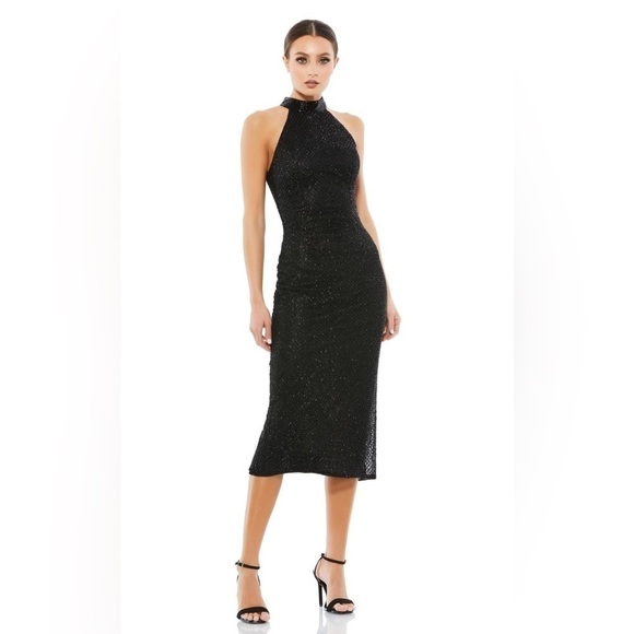 MAC DUGGAL 5531 Black Sequin Halter Neck Midi Formal Cocktail Dress sz 2 - Picture 1 of 5